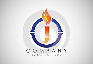 English alphabet J with fire flame and pipe. Oil and gas industry logo design concept