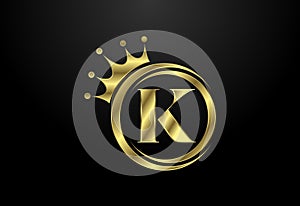 English alphabet K with a crown. Royal, King, queen luxury symbol. Font emblem. Vector illustration