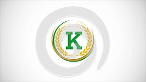 English alphabet K with wheat ears wreath video animation. Organic wheat farming logo design concept. Agriculture logo footage