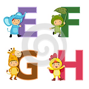 English alphabet with kids in animal costume, E to H letters