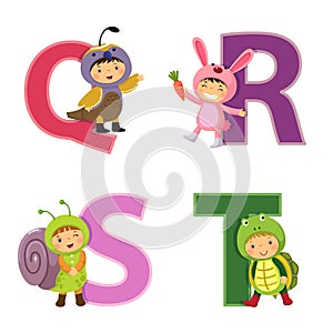 English alphabet with kids in animal costume, Q to T letters