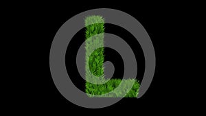 English alphabet L with green grass effect on plain black background