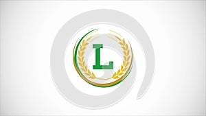 English alphabet L with wheat ears wreath video animation. Organic wheat farming logo design concept. Agriculture logo footage