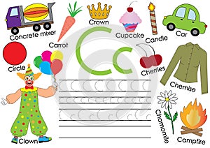 English alphabet. Letter C. Card with pictures and writing practice for preschool children