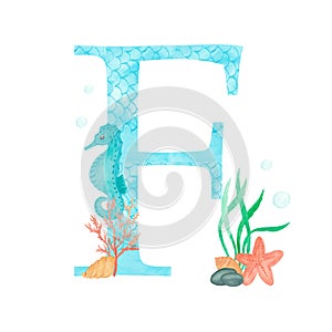 English alphabet Letter F Monogram with watercolor marine design - seahorse seaweed coral starfish. Isolated on white