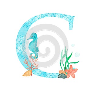 English alphabet Letter A Monogram with watercolor marine design - seahorse seaweed coral starfish. Isolated on white