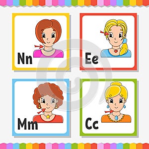 English alphabet. Letter N, E, M, C. ABC square flash cards. Cartoon character isolated on white background. For kids education.