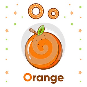English Alphabet letter O learning card with cute orange drawing
