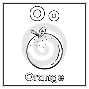 English Alphabet letter O learning card with cute orange sketch for coloring