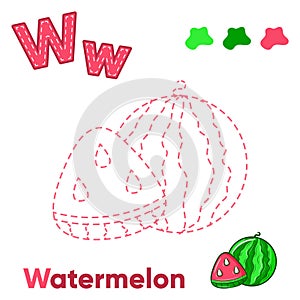 English Alphabet letter W with Trace and color watermelon drawing