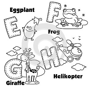 English alphabet and the letters E, F, G and H