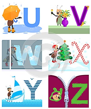 English alphabet letters for learning umbrella, window, xmas, yacht, vase, zip lock