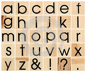 English alphabet lowercase, collage of isolated wood letterpress