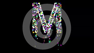 English alphabet M with colorful glitter sparkles and falling stars on plain black background