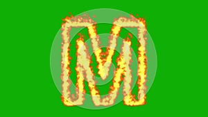 English alphabet M with fire effect on green screen background
