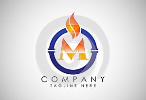 English alphabet M with fire flame and pipe. Oil and gas industry logo design concept
