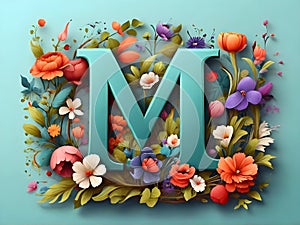 English Alphabet M with floral decoration.