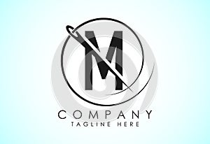 English alphabet M with sewing needle and thread Icon. Tailoring logo design concept