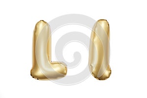 English alphabet made of golden inflatable character. Party decoration, anniversary, celebration, carnival. 3d rendering