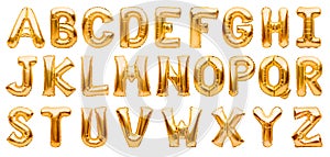 English alphabet made of golden inflatable helium balloons isolated on white. Gold foil balloon font, full alphabet set of upper
