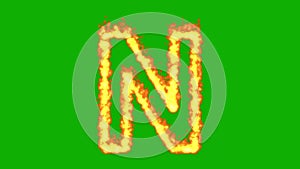 English alphabet N with fire effect on green screen background