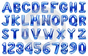 English alphabet and numbers made of blue inflatable helium balloons isolated. Foil balloon font colored in classic blue color of