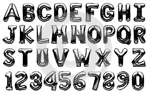 English alphabet and numbers made of metallic black inflatable helium balloons isolated on white. Black silver foil balloon font,