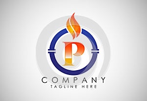 English alphabet P with fire flame and pipe. Oil and gas industry logo design concept