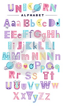 English alphabet of Pastel colors for kids. Doodle font for nursery poster, cards, t-shirts. Hand drawn vector