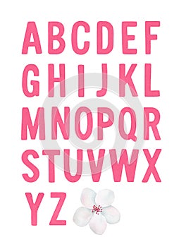 English Alphabet in pink color decorated with small spring flower.