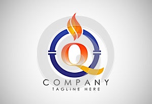 English alphabet Q with fire flame and pipe. Oil and gas industry logo design concept