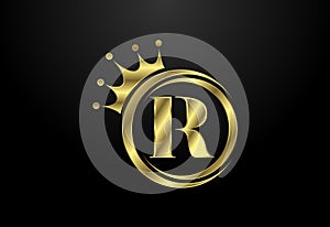 English alphabet R with a crown. Royal, King, queen luxury symbol. Font emblem. Vector illustration