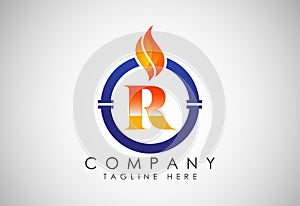 English alphabet R with fire flame and pipe. Oil and gas industry logo design concept