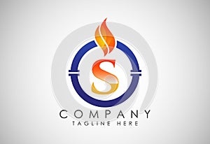 English alphabet S with fire flame and pipe. Oil and gas industry logo design concept