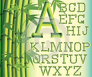 The English alphabet, stylized as bamboo branches, is set against a background with bamboo stems. Color monochrome illustration.