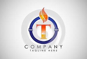 English alphabet T with fire flame and pipe. Oil and gas industry logo design concept