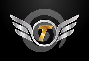 English alphabet T with wings logo design. Car and automotive vector logo concept