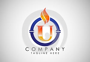 English alphabet U with fire flame and pipe. Oil and gas industry logo design concept