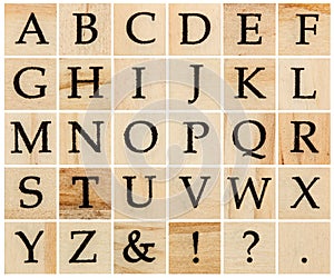 English alphabet uppercase, collage of isolated wood letterpress