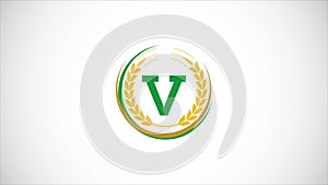 English alphabet V with wheat ears wreath video animation. Organic wheat farming logo design concept. Agriculture logo footage