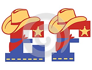 English alphabet. Vector illustration of letter E and F with western decoration Cowboy hat and sheriff star isolated on white