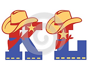 English alphabet. Vector illustration of letter K and L with western decoration Cowboy hat and sheriff star isolated on white