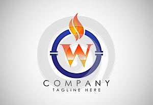 English alphabet W with fire flame and pipe. Oil and gas industry logo design concept