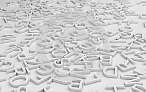 English alphabet in white capital letters laying on white floor, 3d text render