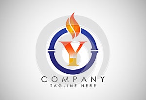 English alphabet Y with fire flame and pipe. Oil and gas industry logo design concept