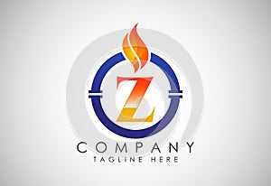 English alphabet Z with fire flame and pipe. Oil and gas industry logo design concept