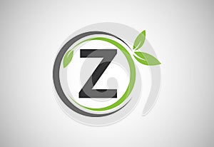 English alphabet Z with green leaves. Organic, eco-friendly logo design vector template