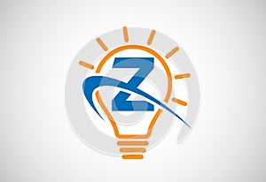 English alphabet Z with light bulb and swoosh. Electric bulb logo vector template. Electricity logo
