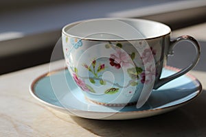 English blue and white tea cup on saucer