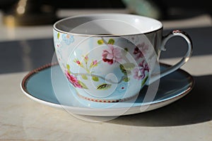 English blue and white tea cup on saucer